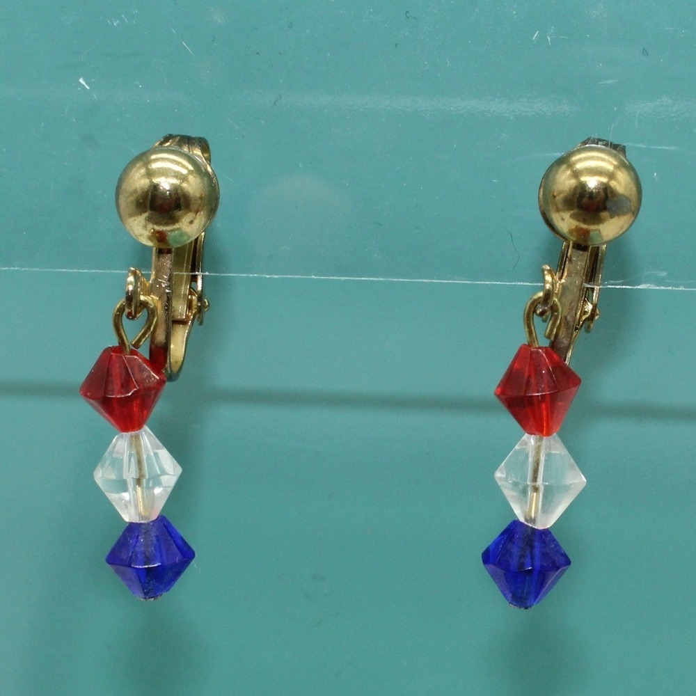 Dangle‎ Earrings Women OS Red White Blue Good Vintage Clip On Bead
